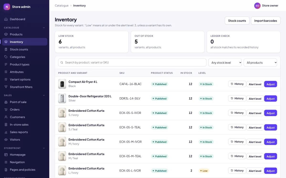 Inventory screen with stock for every variant, low-stock and out-of-stock counts and a stock ledger check