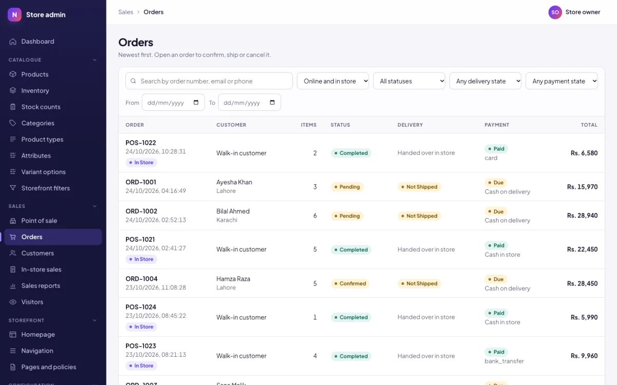 Order list in the admin, with status, payment and delivery for each order