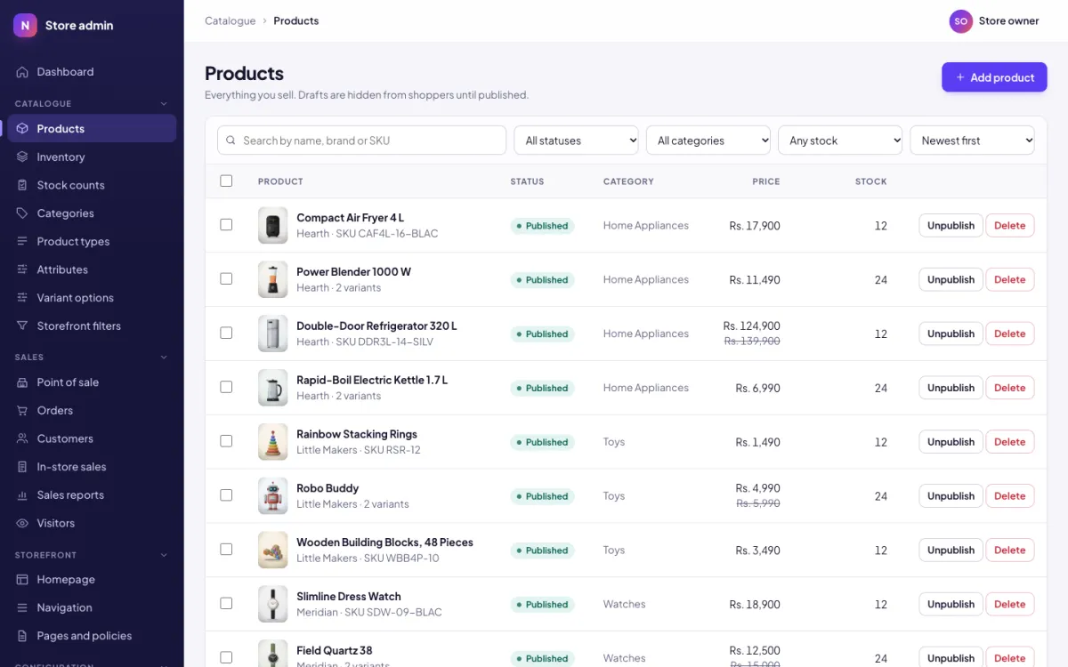 Product list in the admin with prices, stock and status